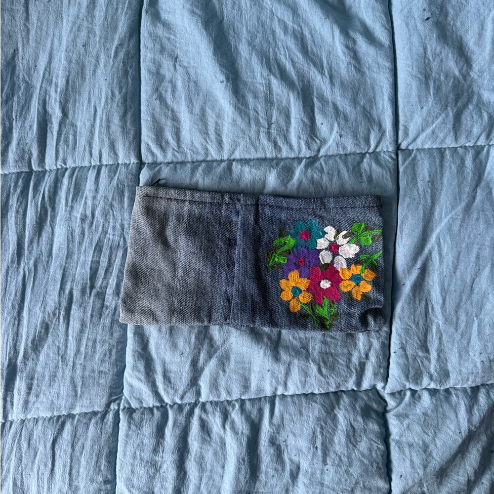 Denim Floral Embroidered Pouch